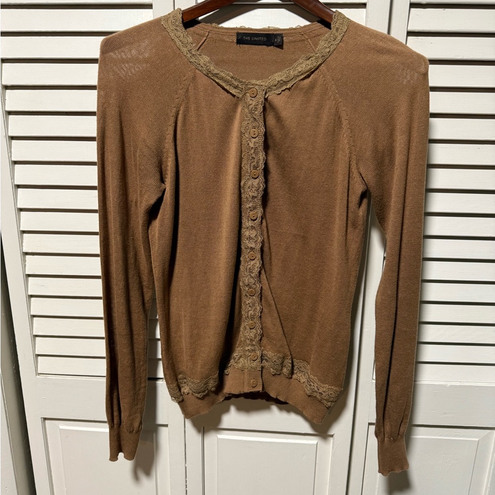 The Limited Tan Cardigan with Lace Trim